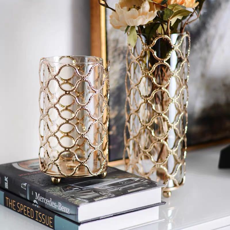 Hollow Out Golden Metal Glass Flower Vase - Premium Peaks