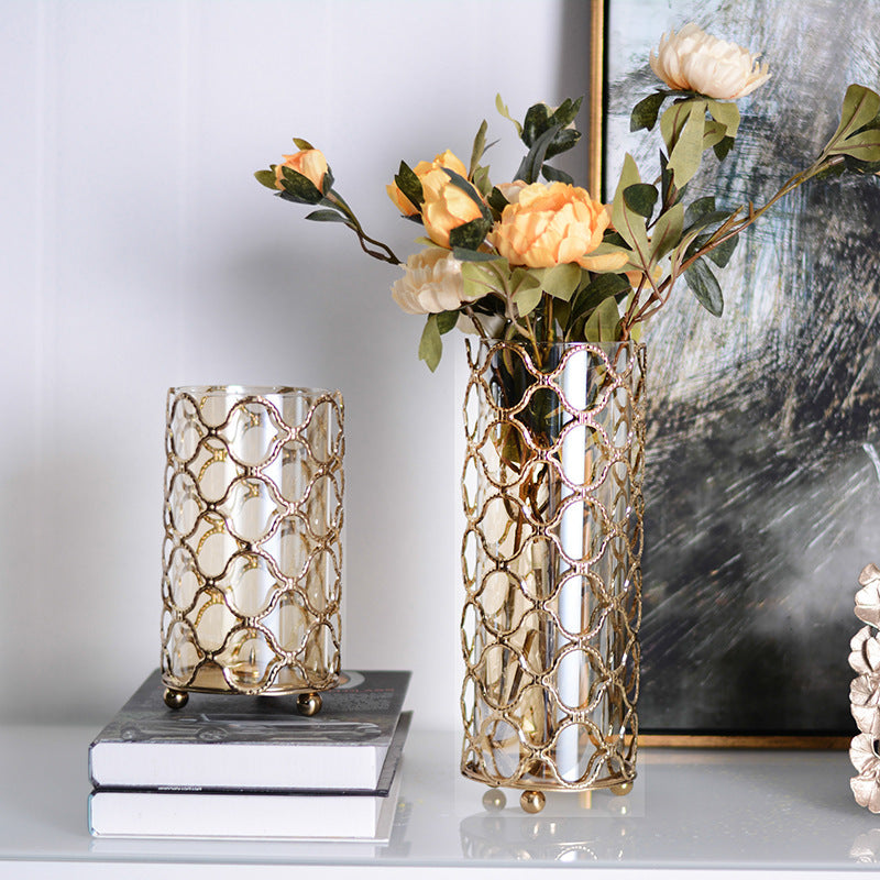 Hollow Out Golden Metal Glass Flower Vase - Premium Peaks