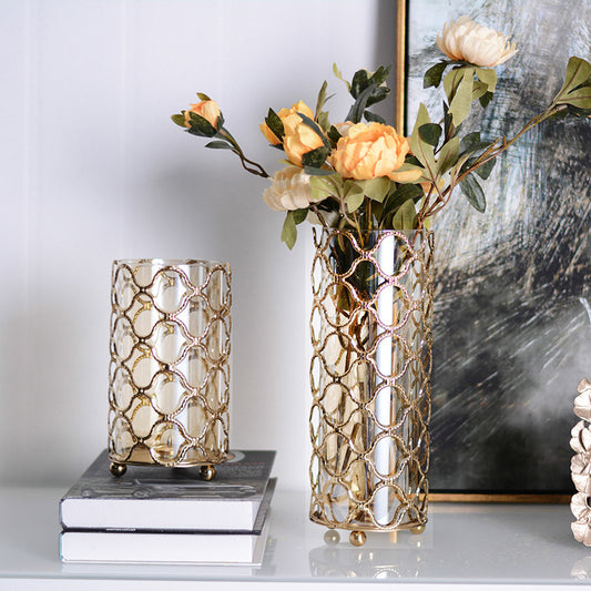 Hollow Out Golden Metal Glass Flower Vase - Premium Peaks