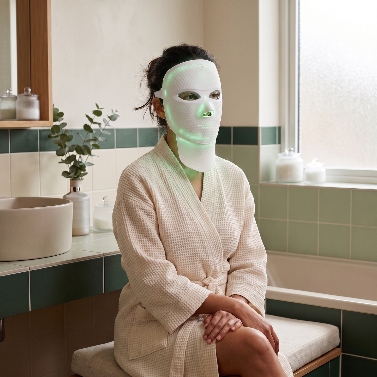 Woman wearing Aurora LED Light Mask in bathroom