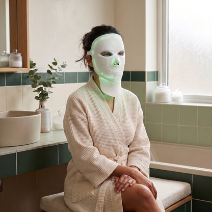 Woman wearing Aurora LED Light Mask in bathroom