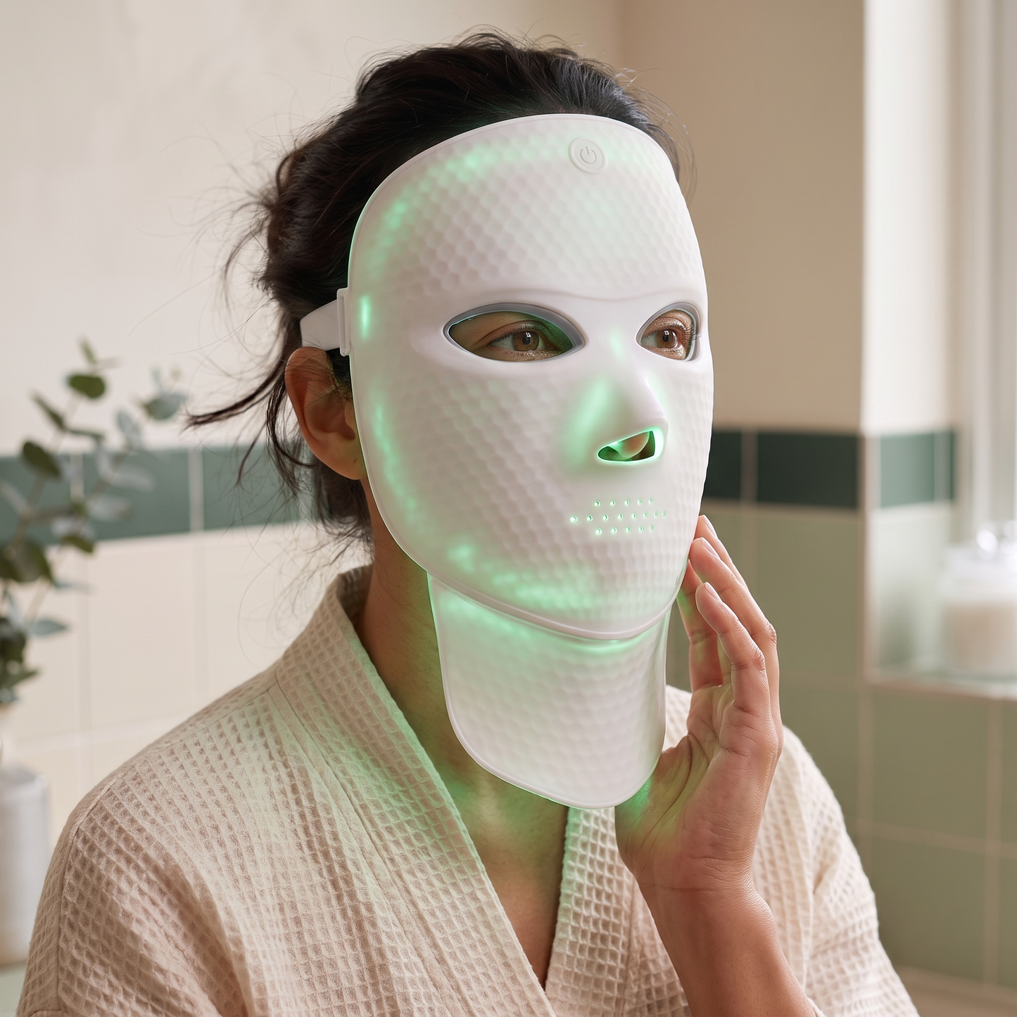 Close-up of woman using Aurora LED Light Mask