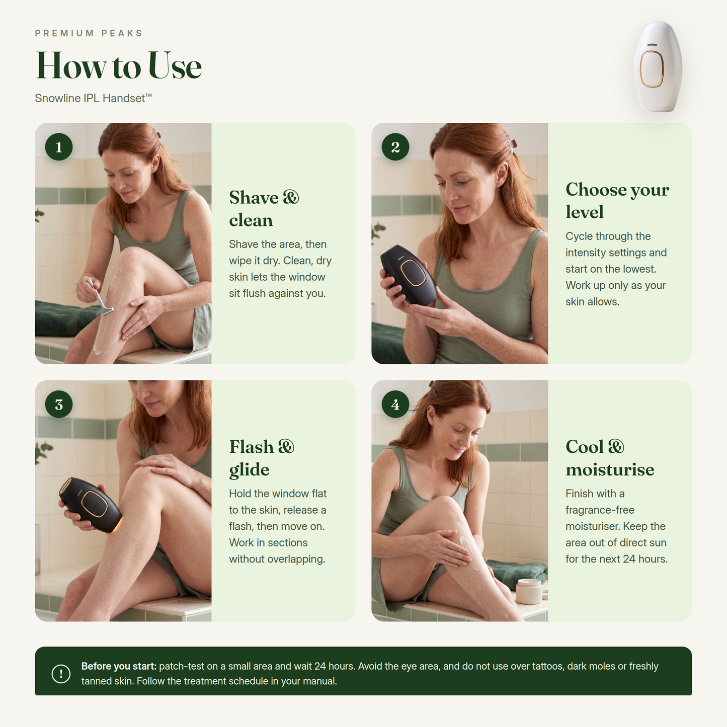 How to use the Snowline IPL Handset in four steps