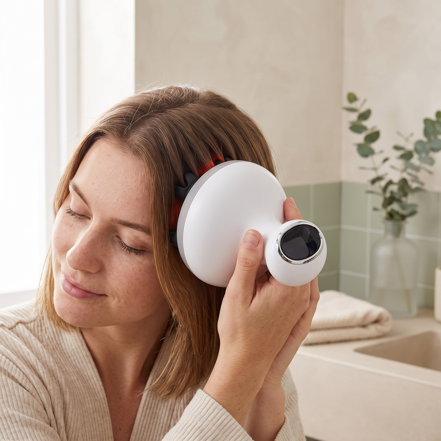 Woman using the Treeline Scalp Reviver at the crown of her head