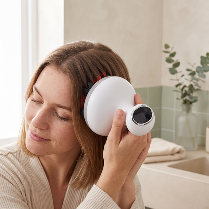 Woman using the Treeline Scalp Reviver at the crown of her head