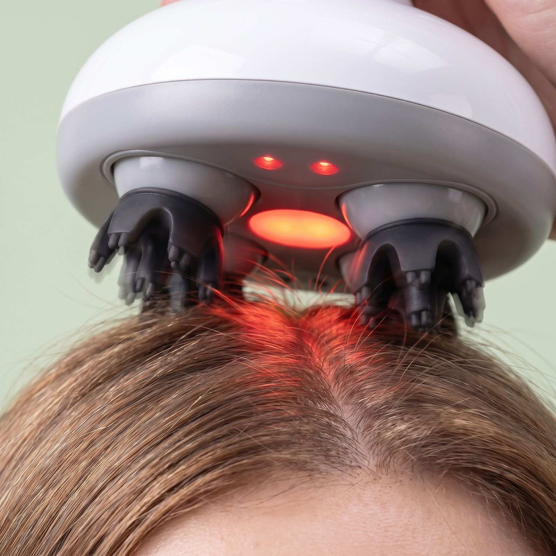 Close-up of the four silicone massage claws and red light panel in a hair parting